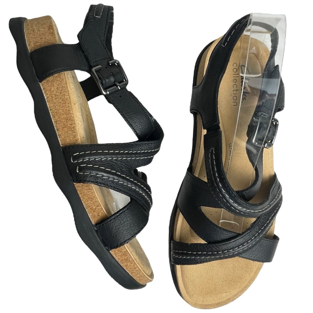 Clarks WMN Brynn Ave Sandals Leather Black Comfort Strappy Wedge Platform Sz 9.5
